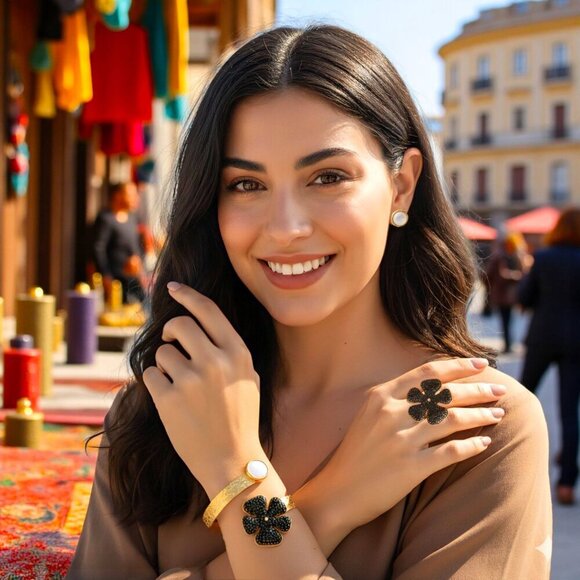 Turkish Artisanal Black Flower Set 18K Gold Plated Brass Statement Jewelry - Picture 5 of 14